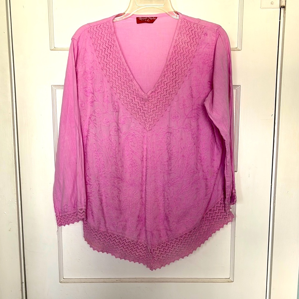 Royal Moda Pink V-Neck Embroidered Blouse Size T-42